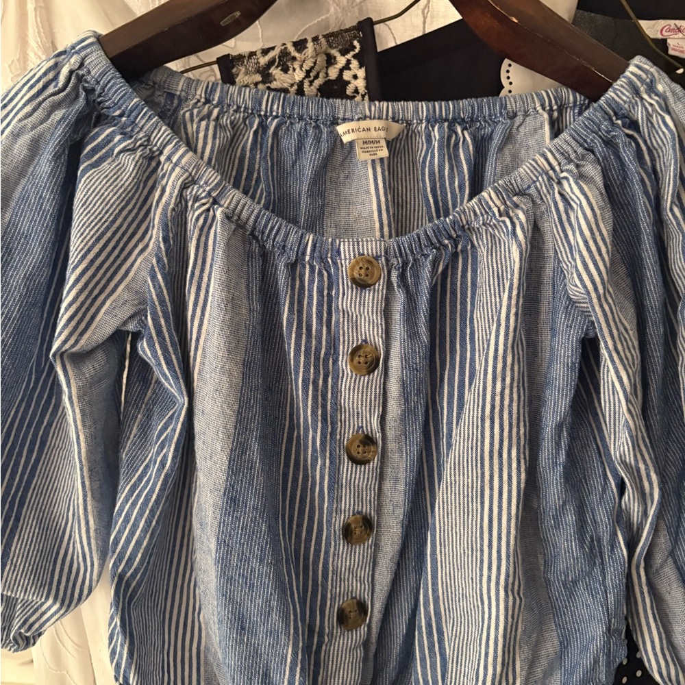 American Eagle Outfitters Blue Striped Button-Up Top